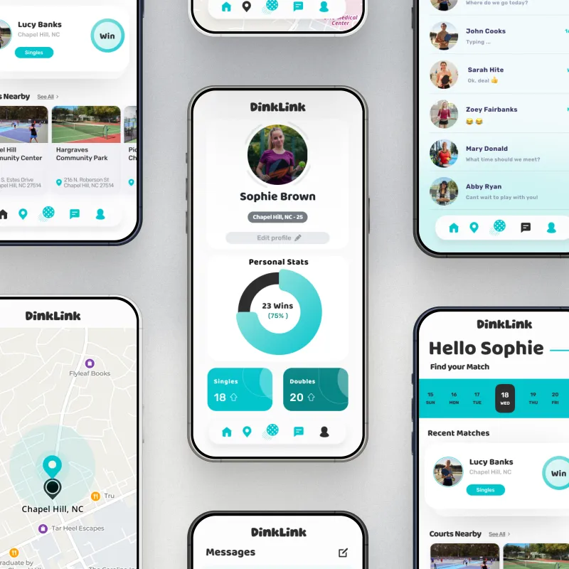 DinkLink mobile screens: player profile stats, map, messages, and home