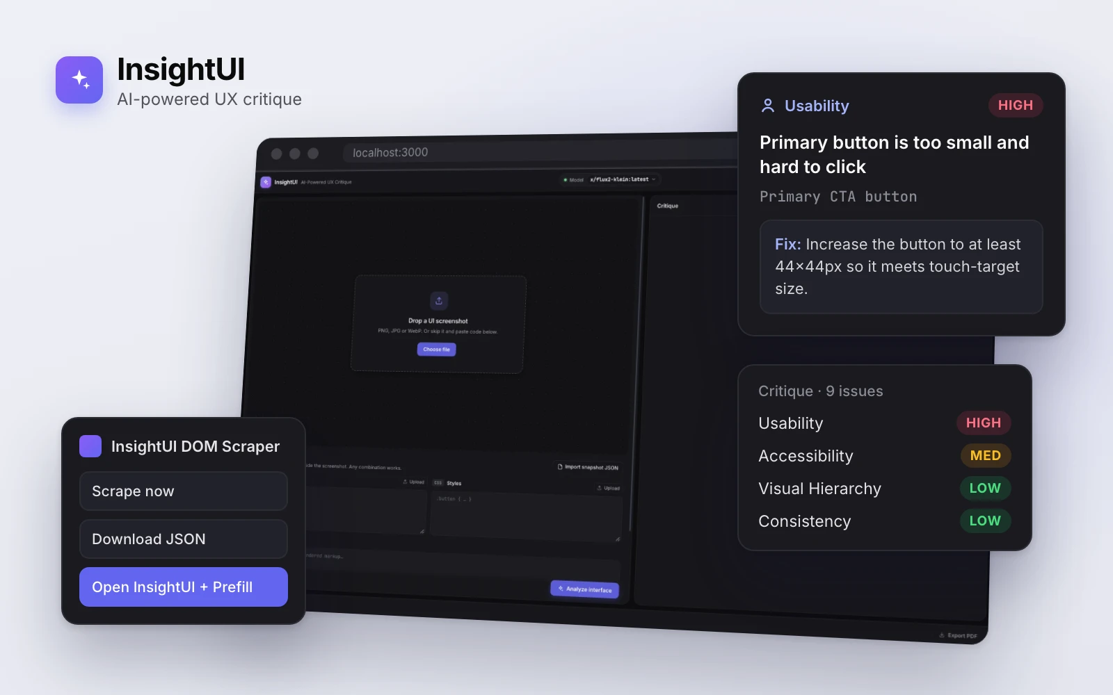 InsightUI app in a browser with a usability issue, a critique summary, and the Chrome extension popup