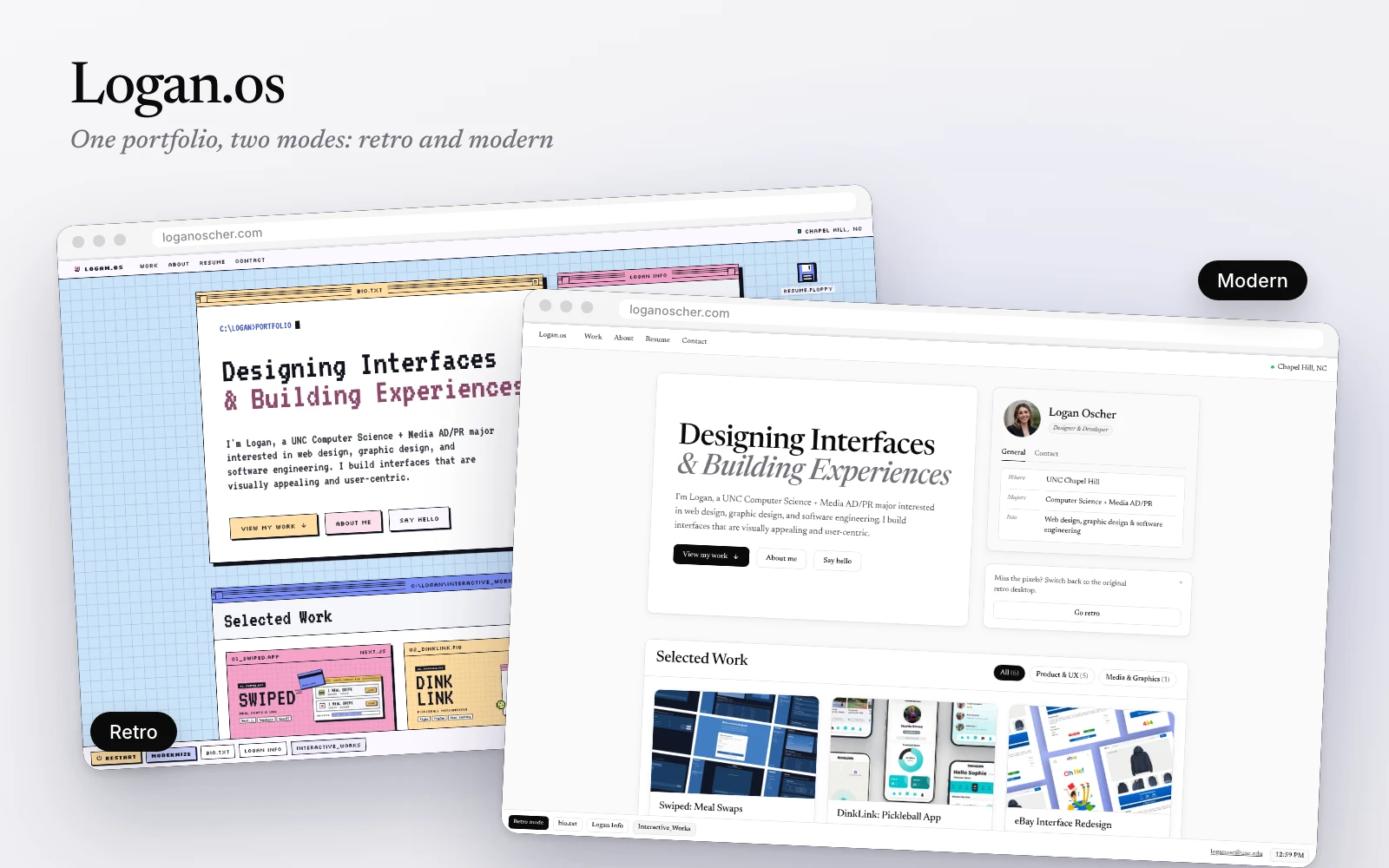 Logan.os in retro and modern modes, side by side in browser windows