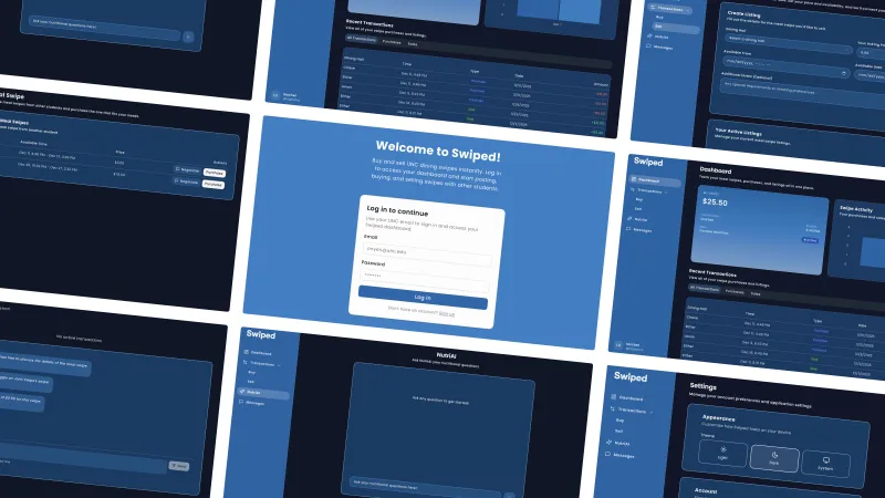 Swiped web app screens: login, dashboard, listings, and settings
