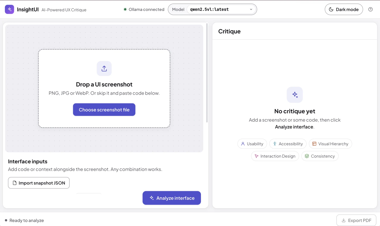 InsightUI before an analysis: a Drop a UI screenshot zone on the left and an empty Critique panel listing the five categories on the right, with Ollama connected and the qwen2.5vl model selected