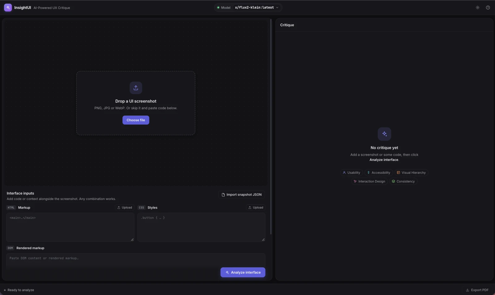 InsightUI in dark mode before an analysis, with the screenshot canvas and code inputs on the left and the empty critique inspector on the right