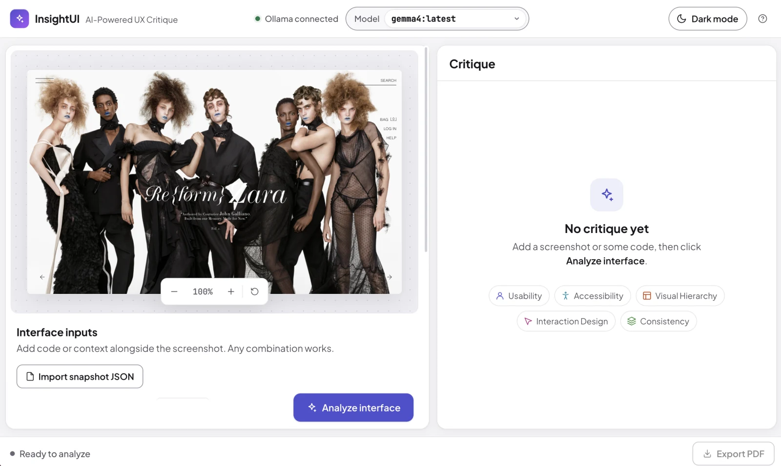 InsightUI with a fashion landing page screenshot loaded on the canvas, the gemma4 model selected, zoom controls at 100%, and the Analyze interface button
