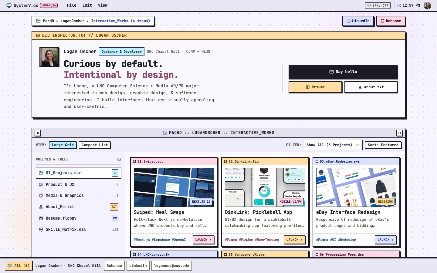 Dual: a System 7-style Finder window with a bio inspector and a project browser