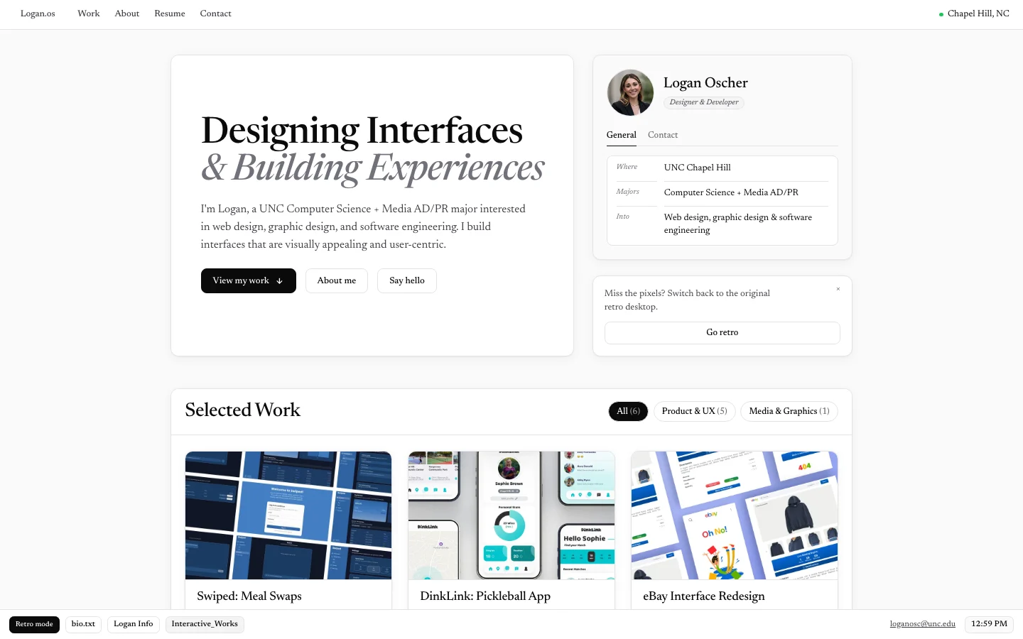 Logan.os in Modern mode: a black-and-white serif layout with product mockups