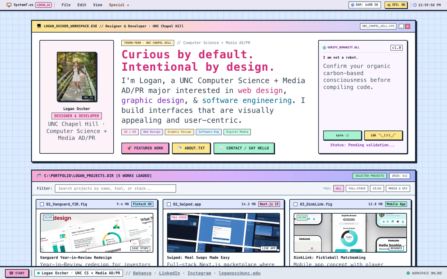 Pastel OS: a pastel workspace window with a large headline and a verify-humanity widget
